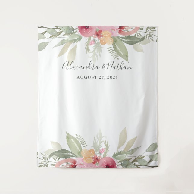 Pink Floral Wedding Backdrop | Photo Booth Prop Tapestry (Front)