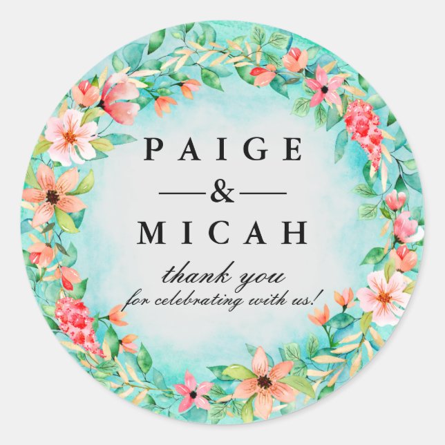 Pink Floral Wedding Botanical Thank You Classic Round Sticker (Front)