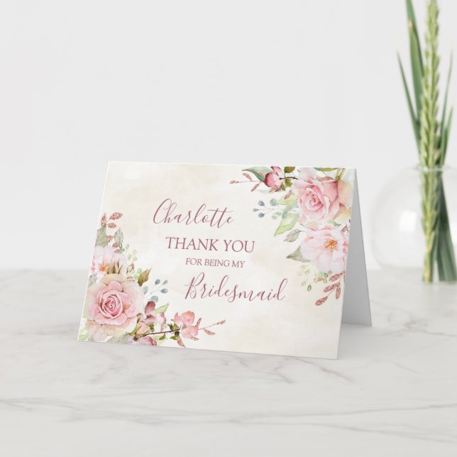 Pink Floral Wedding Bridesmaid Thank You Card (Front)