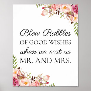 Pink Floral Wedding Bubbles of Good Wishes Sign