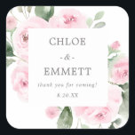 Pink Floral Wedding Cake Box Favour Sticker<br><div class="desc">Elegant pink rose floral and sage green eucalyptus greenery square floral frame surrounds the bride and groom names,  a thank you sentiment and their wedding date.</div>