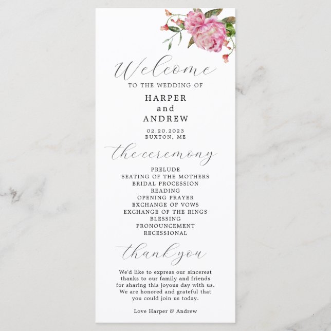 Pink Floral Wedding Ceremony Program Programme (Front)