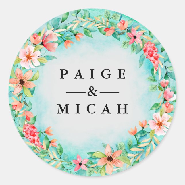 Pink Floral Wedding Couple Names Botanical Classic Round Sticker (Front)