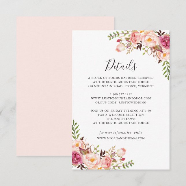 Pink Floral Wedding Details Card (Front/Back)