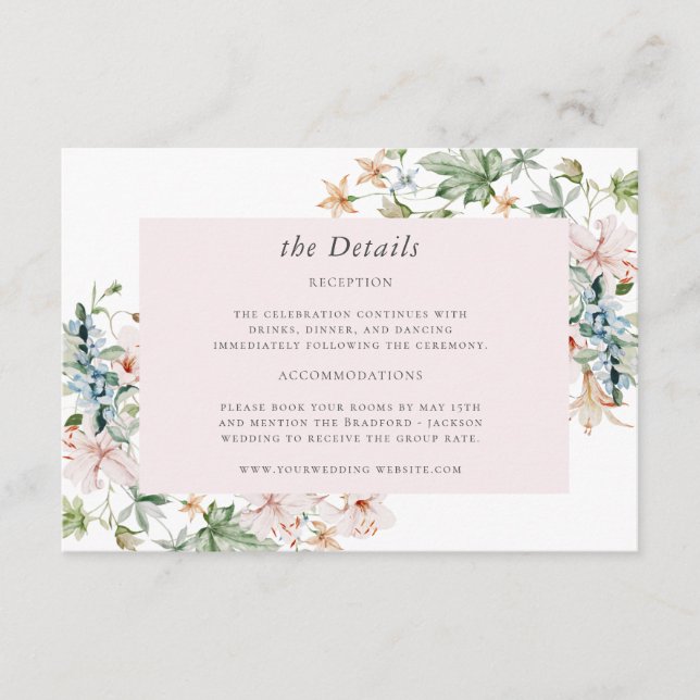 Pink Floral Wedding Details Enclosure Card (Front)