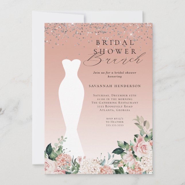 Pink Floral Wedding Dress Bridal Shower Brunch Invitation (Front)
