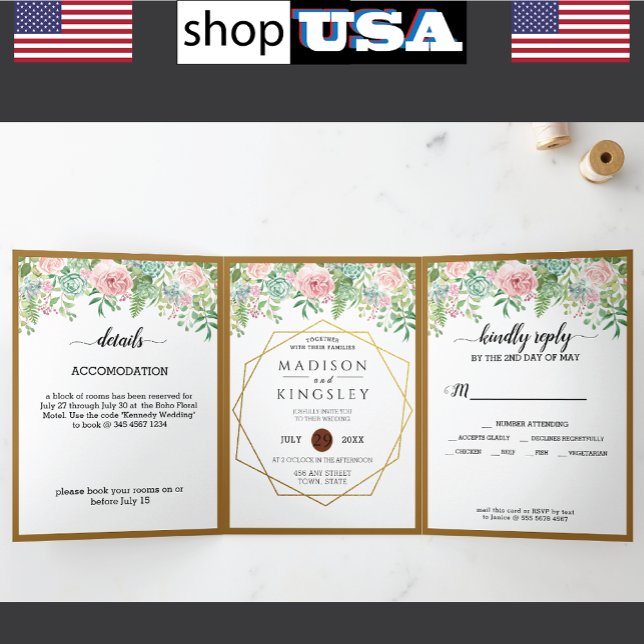 Pink Floral Wedding 🌸 Elegant Botanical Spring Tri-Fold Invitation (Creator Uploaded)