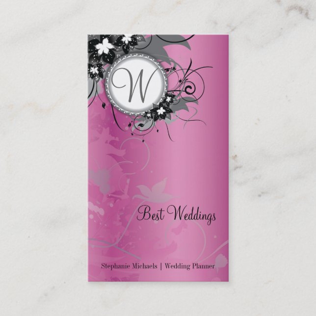 Pink Floral Wedding Elegant Business Card Monogram (Front)
