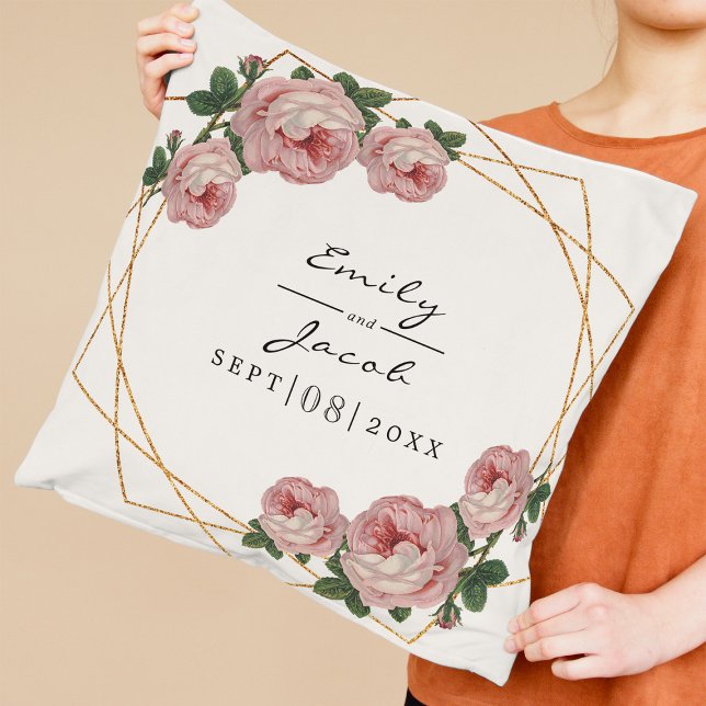 Pink Floral Wedding Elegant Gold Glitter Geometric Cushion (Creator Uploaded)