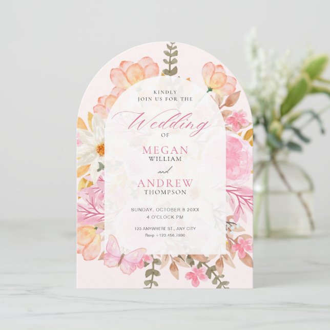 Pink floral wedding invitation (Standing Front)
