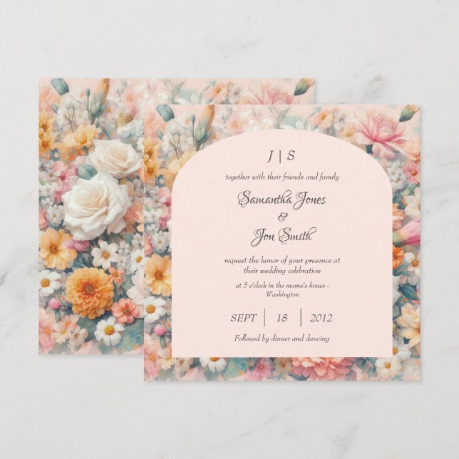 Pink floral wedding invitation (Front/Back)