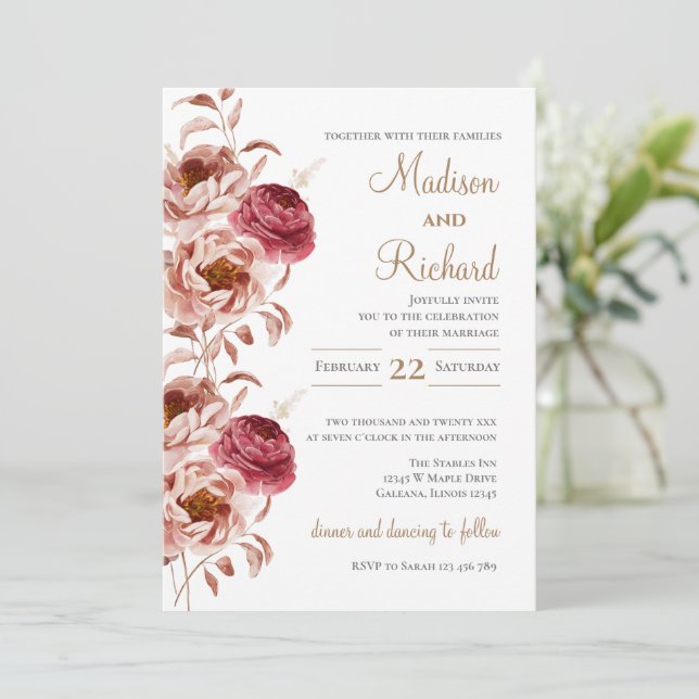 Pink Floral Wedding Invitation (Standing Front)
