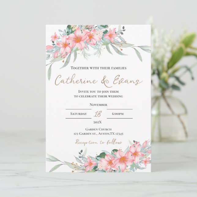 Pink FLoral Wedding invitation (Standing Front)