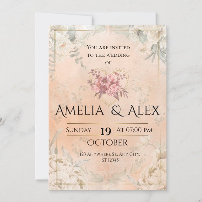 Pink Floral Wedding Invitation | Elegant Customiza (Front)