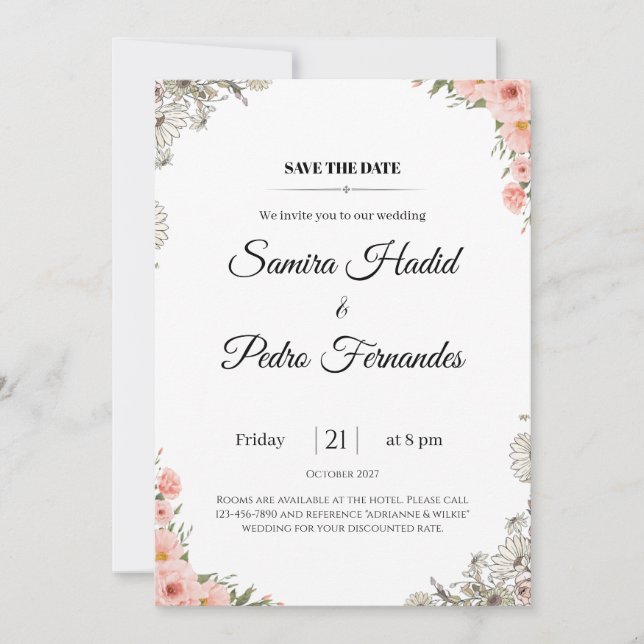 Pink Floral Wedding Invitation Elegant Minimalist (Front)