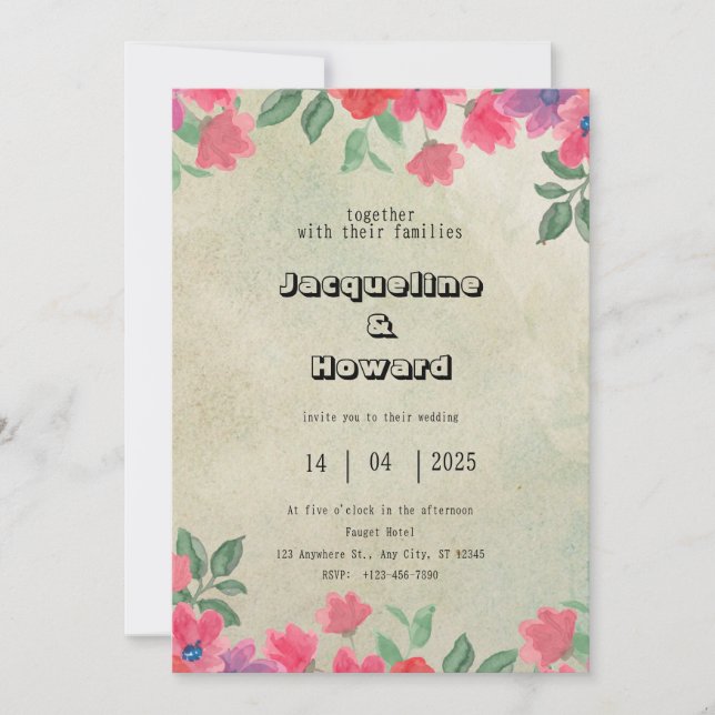 Pink Floral Wedding Invitation Portrait (Front)