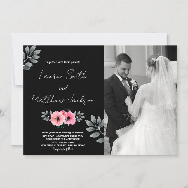 Pink Floral Wedding Invitations with photo (Front)