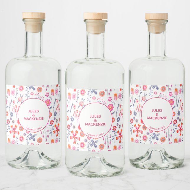 Pink Floral Wedding Liquor Bottle Label (Bottles)