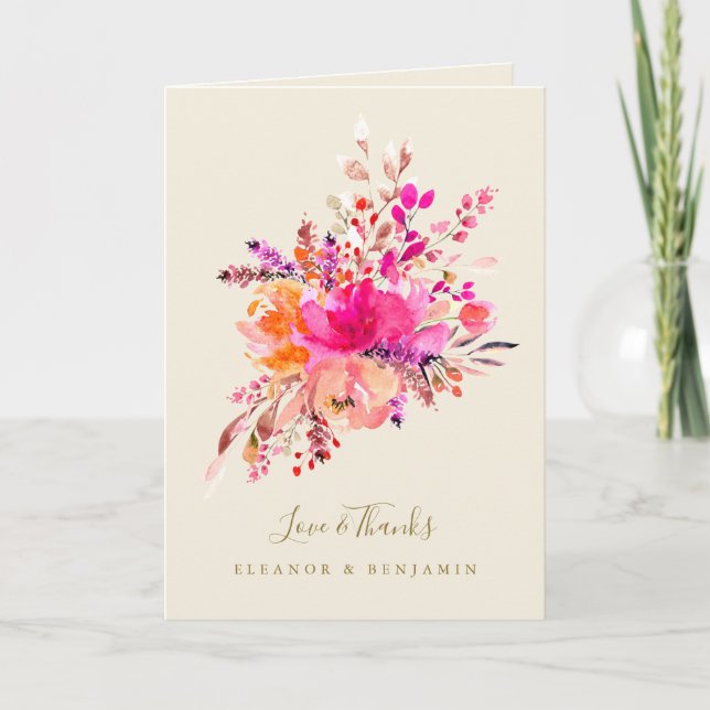 Pink Floral Wedding Photo Custom Message Folded Thank You Card (Front)