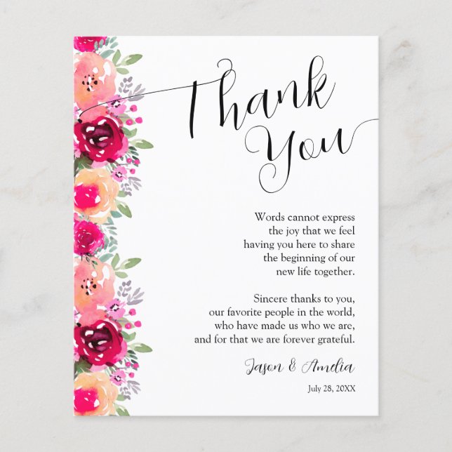 Pink Floral Wedding Plate Thank You Flyer (Front)