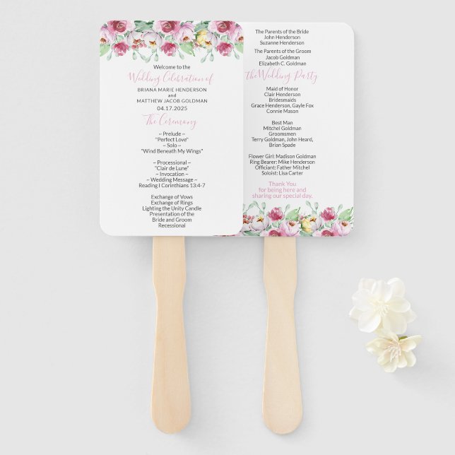 Pink Floral Wedding Program Hand Fan (Front and Back)