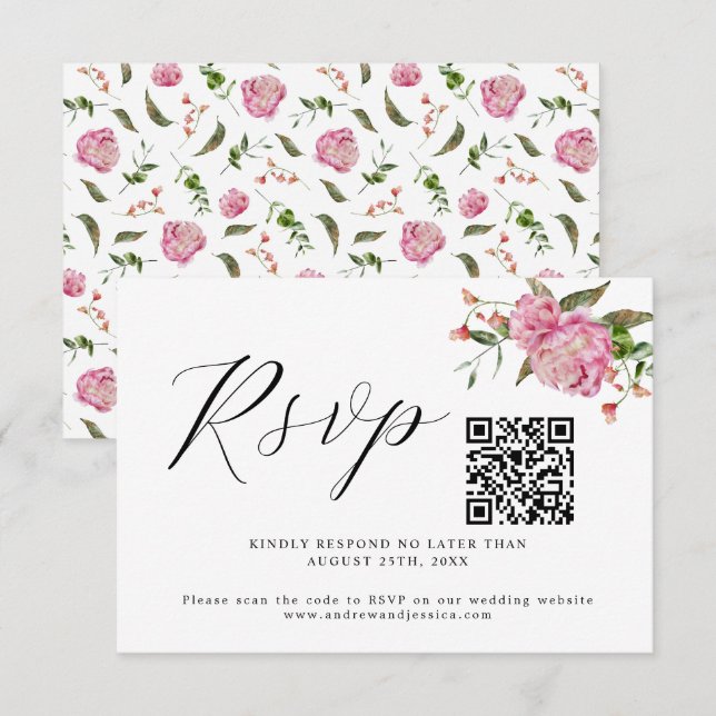 Pink Floral Wedding QR Code RSVP Card (Front/Back)