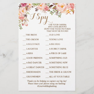 Pink Floral Wedding Reception I Spy Game Card