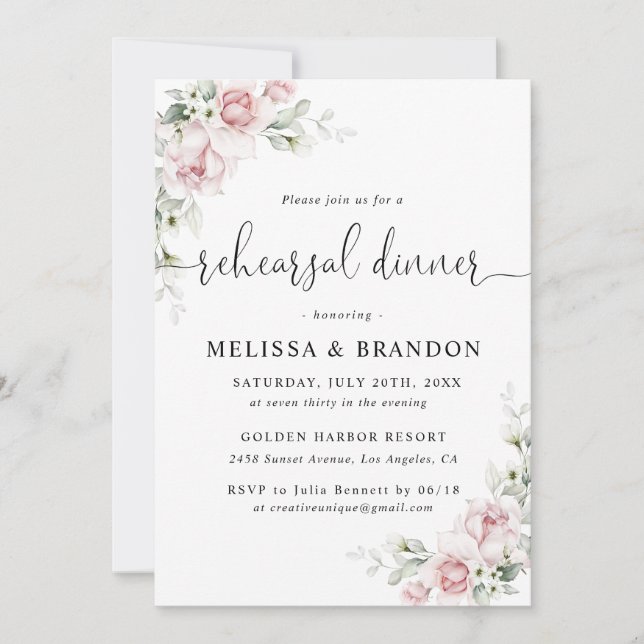 Pink Floral Wedding Rehearsal Dinner Invitations (Front)