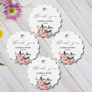 Pink Floral Wedding Round Scalloped Favour Tags