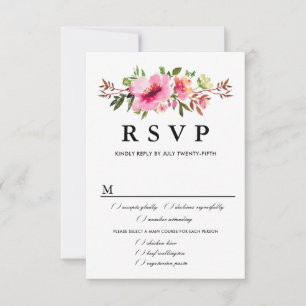Pink Floral Wedding RSVP Card, Meal Options