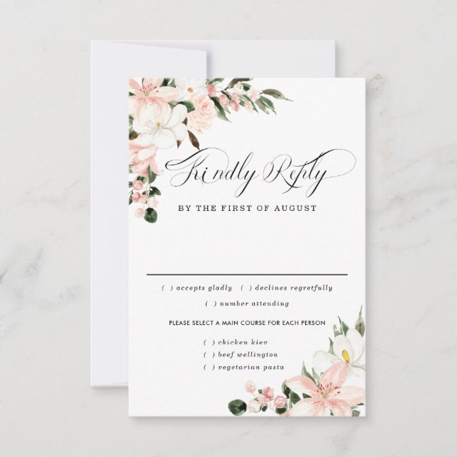 Pink Floral Wedding RSVP Card, Meal Options Card (Front)