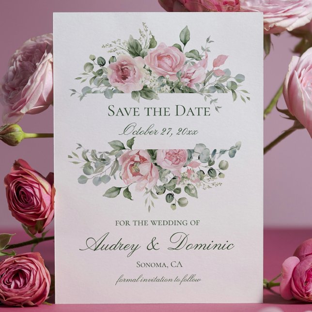 Pink Floral Wedding RSVP cards (elegant floral save the date card with pink roses and greenery for botanical garden theme wedding)