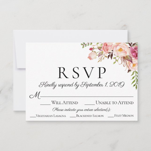 Pink Floral Wedding RSVP Cards with Meal Option (Front)