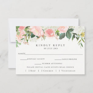 Pink Floral Wedding RSVP With Meal Choice Card