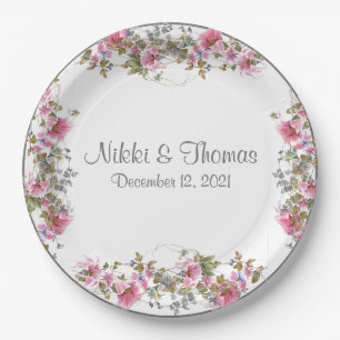 Pink Floral Wedding Script Name Elegant Pretty Paper Plate