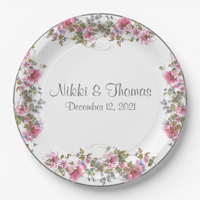 Pink Floral Wedding Script Name Elegant Pretty Paper Plate (Front)