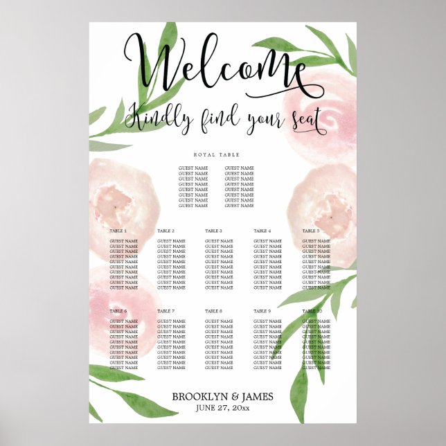 Pink Floral Wedding Seating Chart Poster 24x36 (Front)