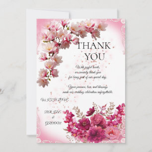 Pink Floral Wedding Thank You Card on White