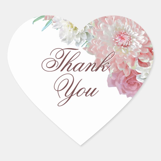Pink Floral Wedding Thank You Heart Sticker (Front)