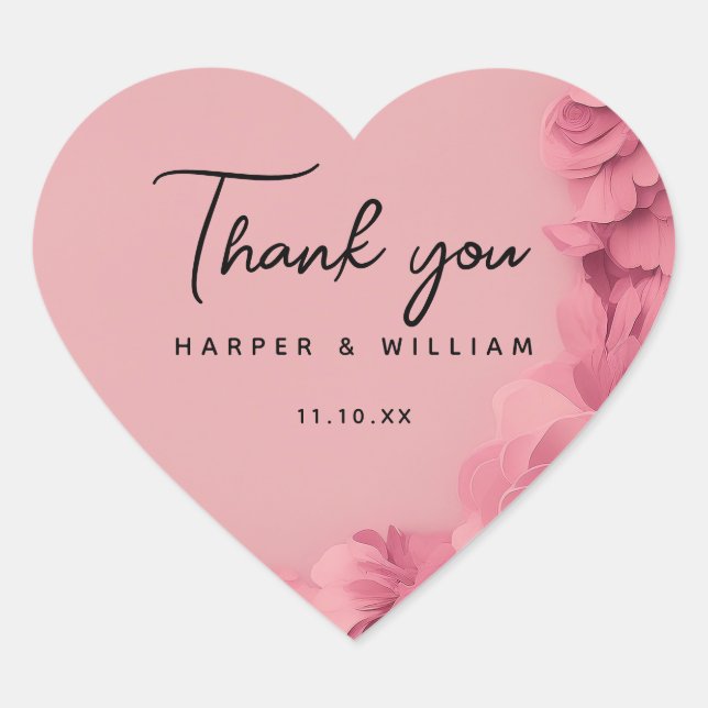 Pink floral wedding thank you  heart sticker (Front)