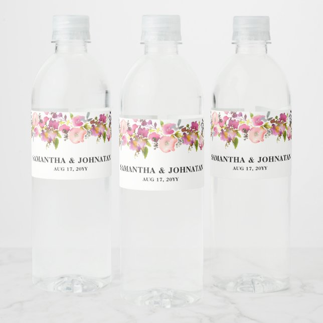 Pink Floral Wedding   Water Bottle Label (Bottles)