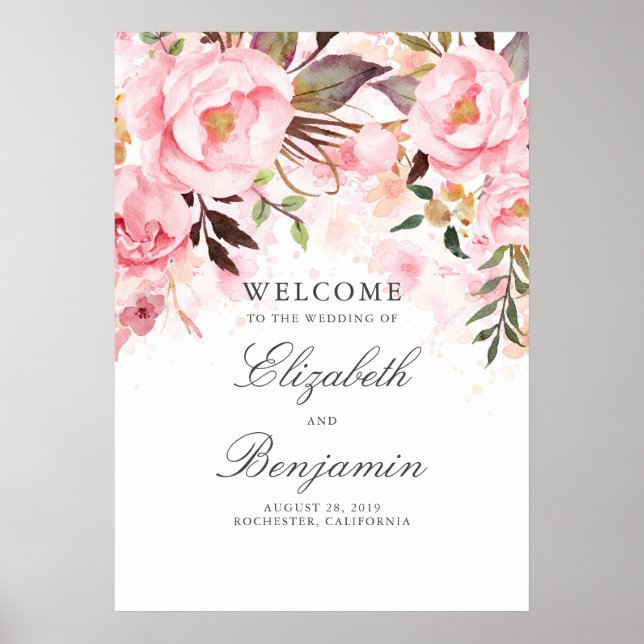 Pink Floral Wedding Welcome Sign (Front)