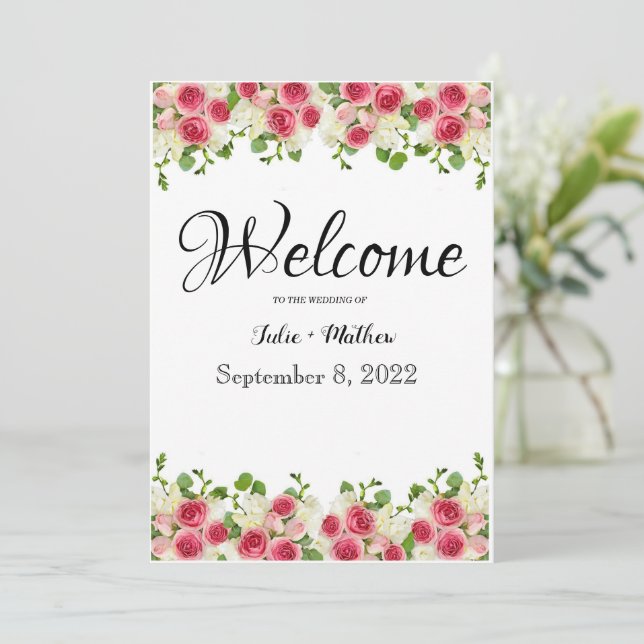 Pink Floral wedding Welcome sign Invitation (Standing Front)