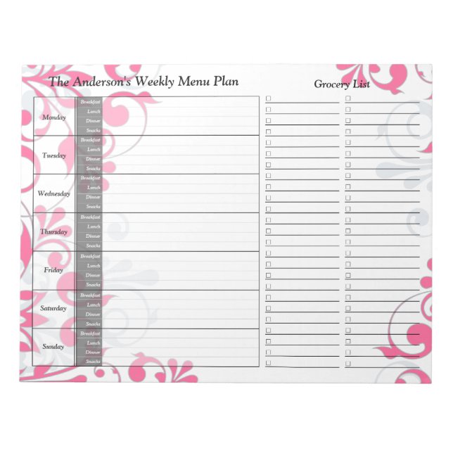 Pink Floral Weekly Personalised Menu Plan Notepad (Front)