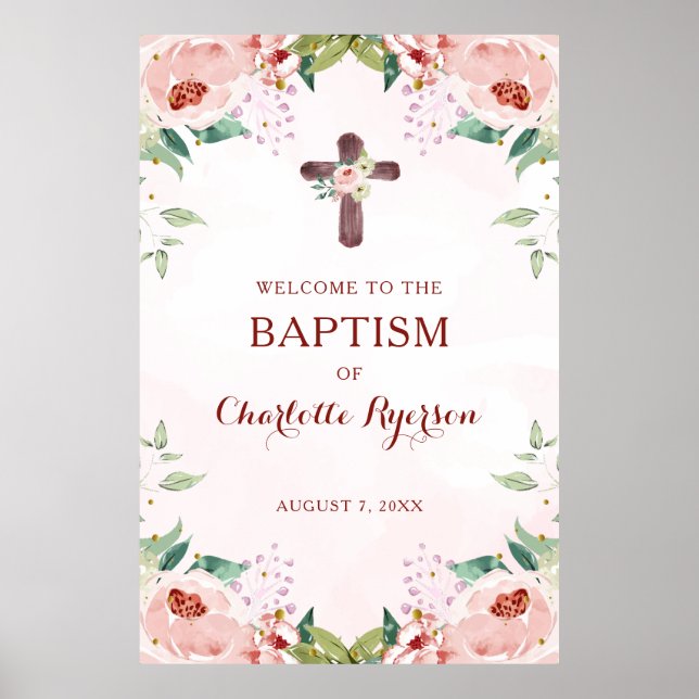 Pink Floral Welcome Baptism Poster (Front)