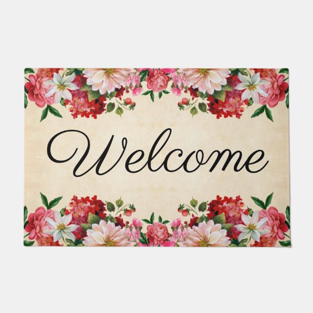 Pink Floral Welcome Door Mat (Front)