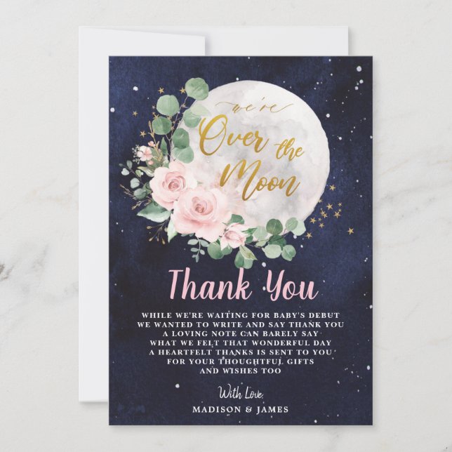 Pink Floral We're Over the Moon Girl Baby Shower Thank You Card (Front)