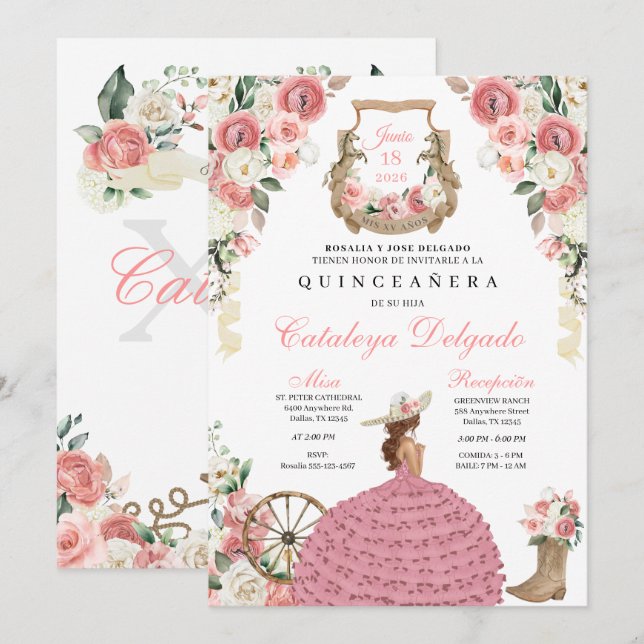 Pink Floral Western Mariachi Charro Quinceañera Invitation (Front/Back)