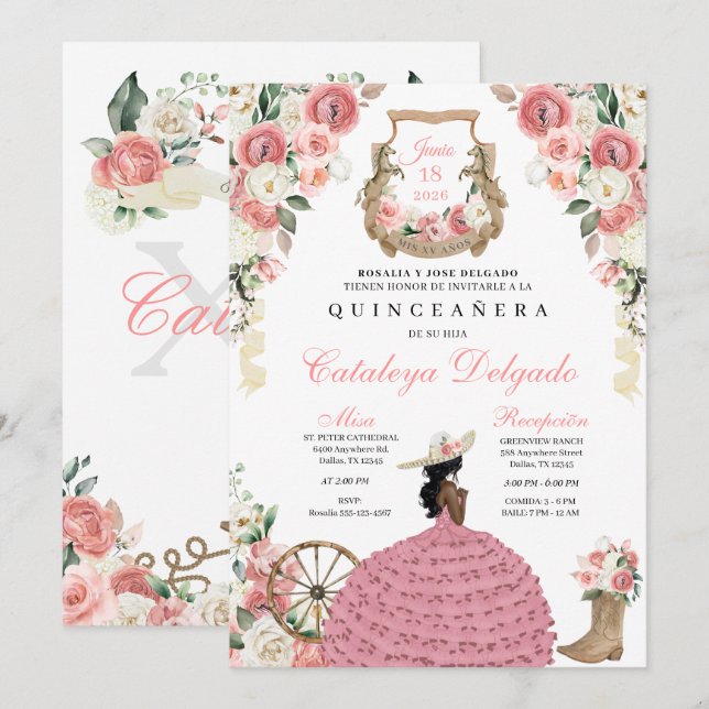 Pink Floral Western Mariachi Charro Quinceañera Invitation (Front/Back)