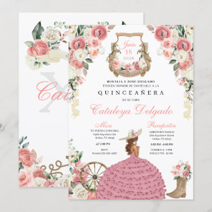 Pink Floral Western Mariachi Charro Quinceañera Invitation